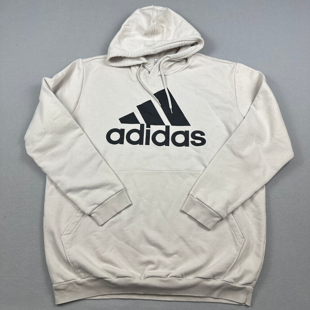 Adidas Hoodie Men 2XL Tall Beige Solid Fleece Badge of Sport Pullover Sweatshirt